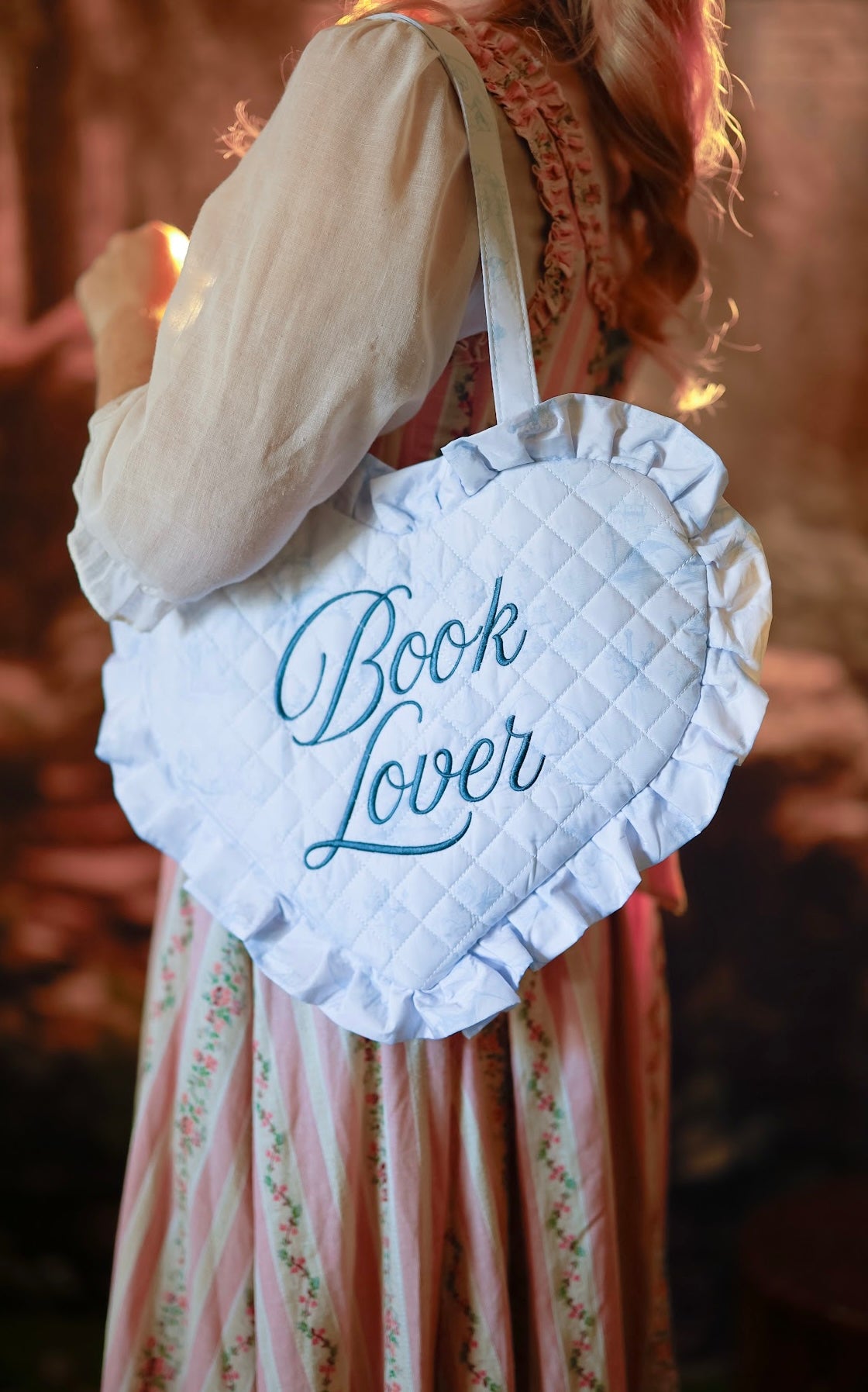 Book Lover Quilted Heart Bag in Fantasy Toile Blues