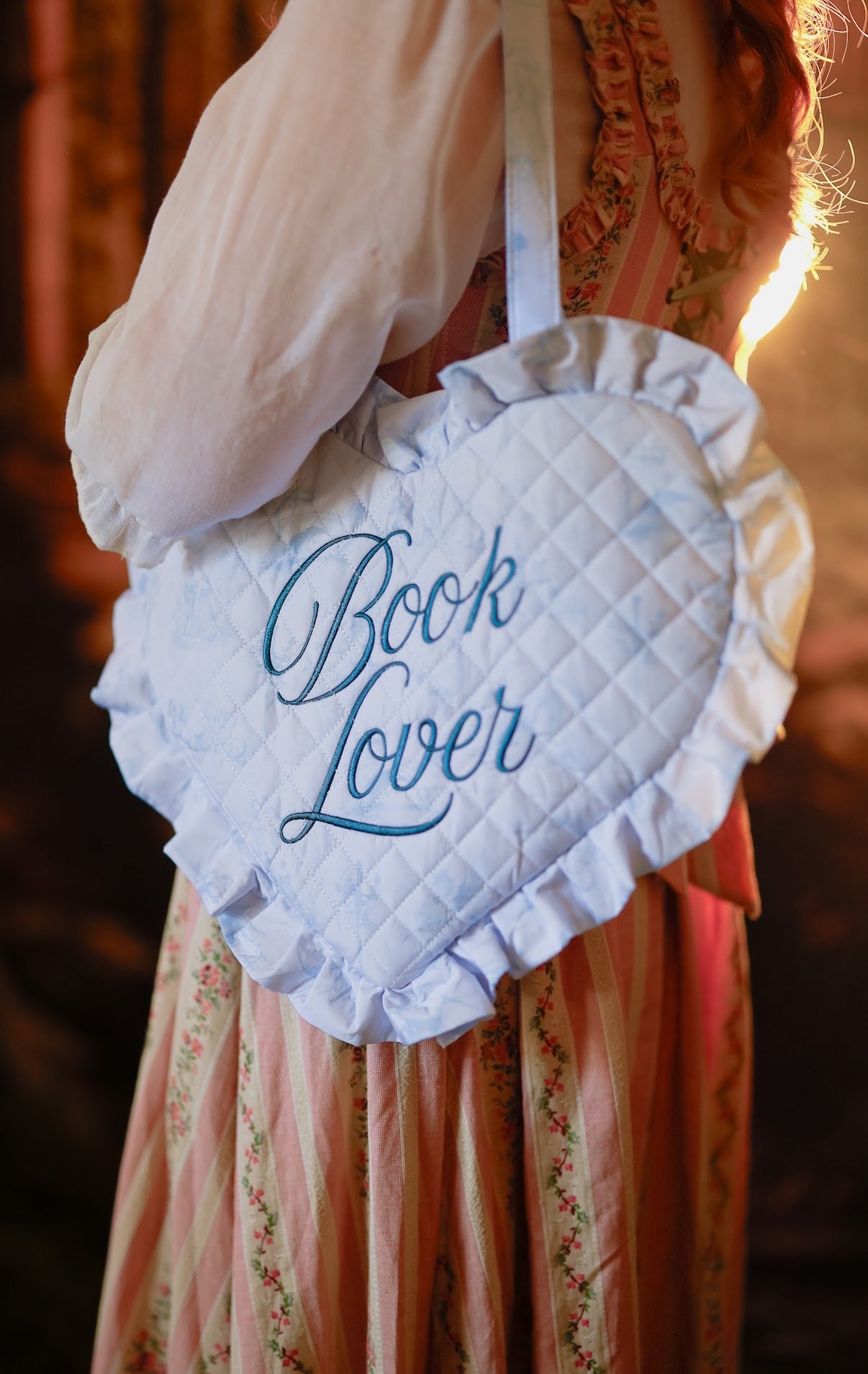 Book Lover Quilted Heart Bag in Fantasy Toile Blues