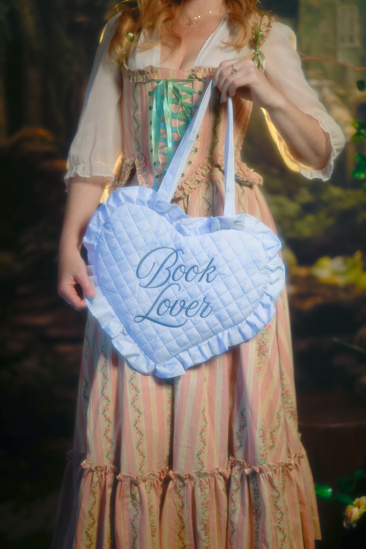 Book Lover Quilted Heart Bag in Fantasy Toile Blues