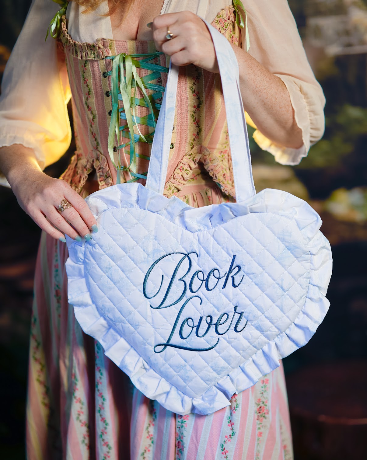 Book Lover Quilted Heart Bag in Fantasy Toile Blues