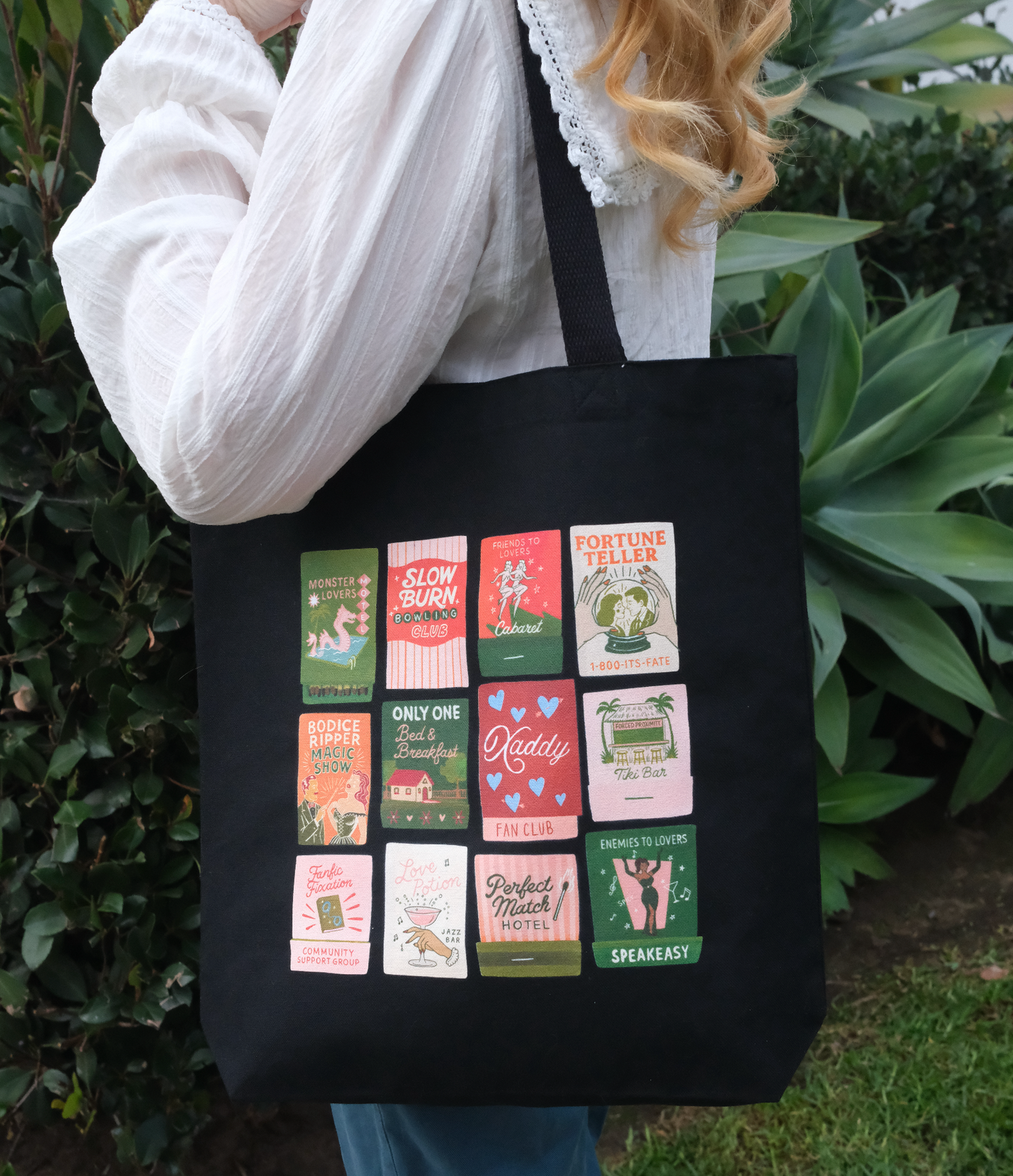 Burning Through Chapters Canvas Gusseted Tote Bag in Black