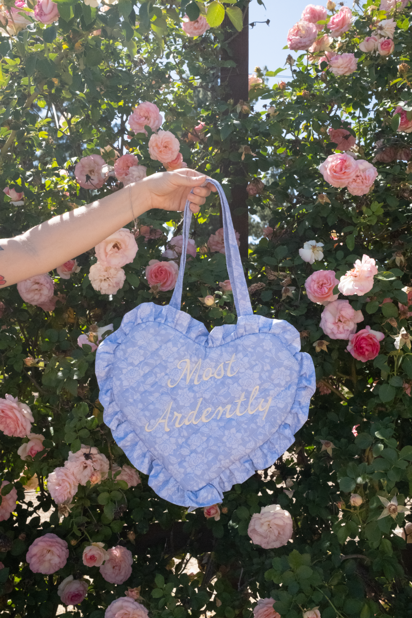 Most Ardently Quilted Heart Bag in  Blue Lace Toile