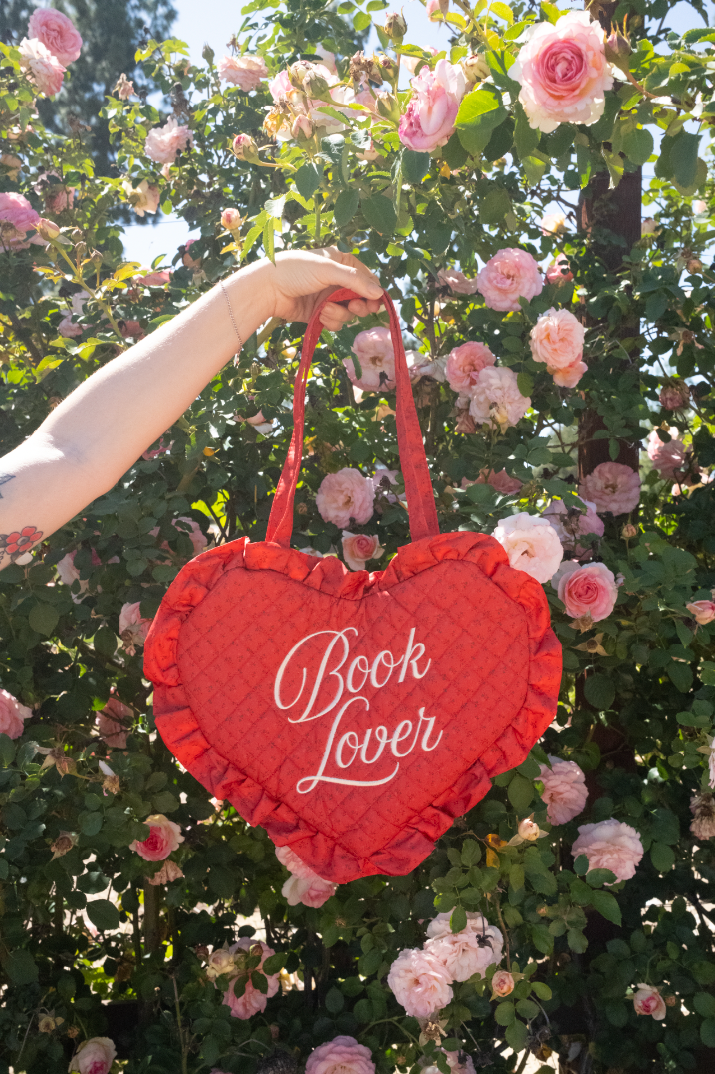 Book Lover Quilted Heart Bag in Red Ditsy Florals