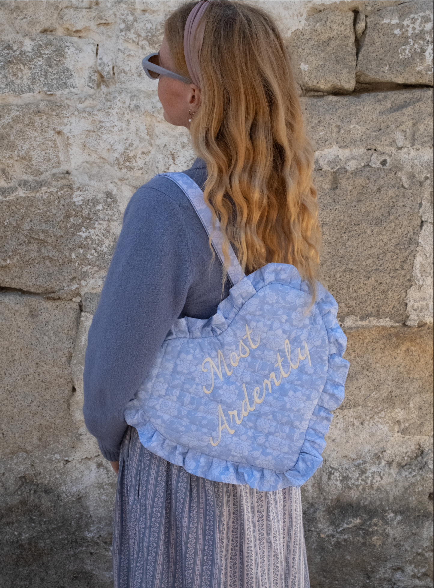 Most Ardently Quilted Heart Bag in  Blue Lace Toile