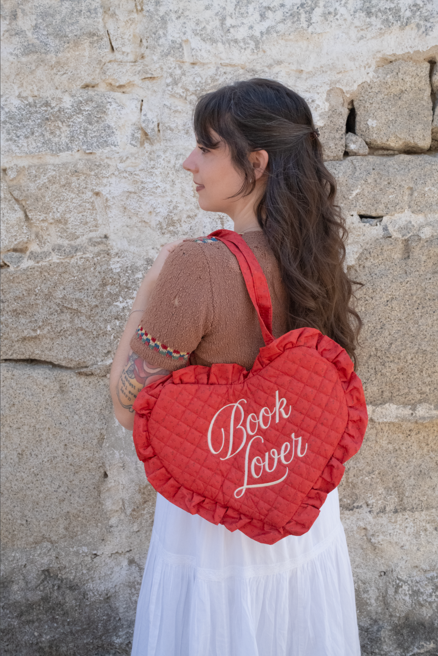 Book Lover Quilted Heart Bag in Red Ditsy Florals