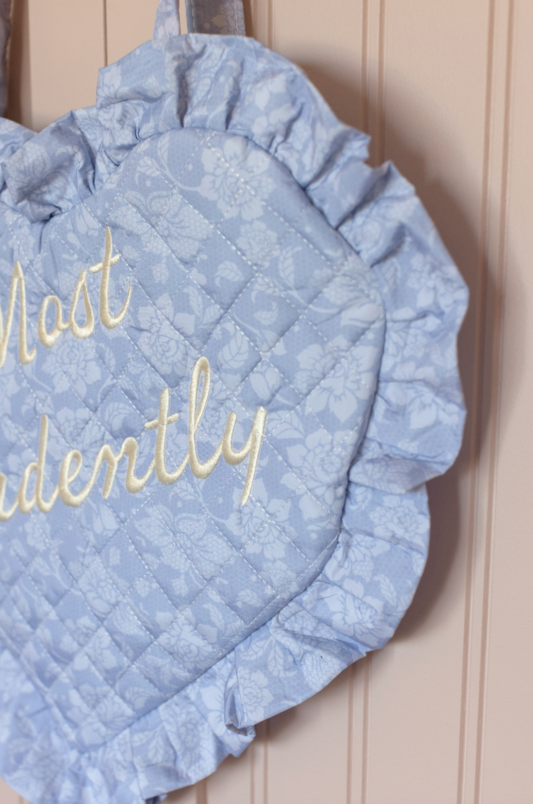 Most Ardently Quilted Heart Bag in  Blue Lace Toile