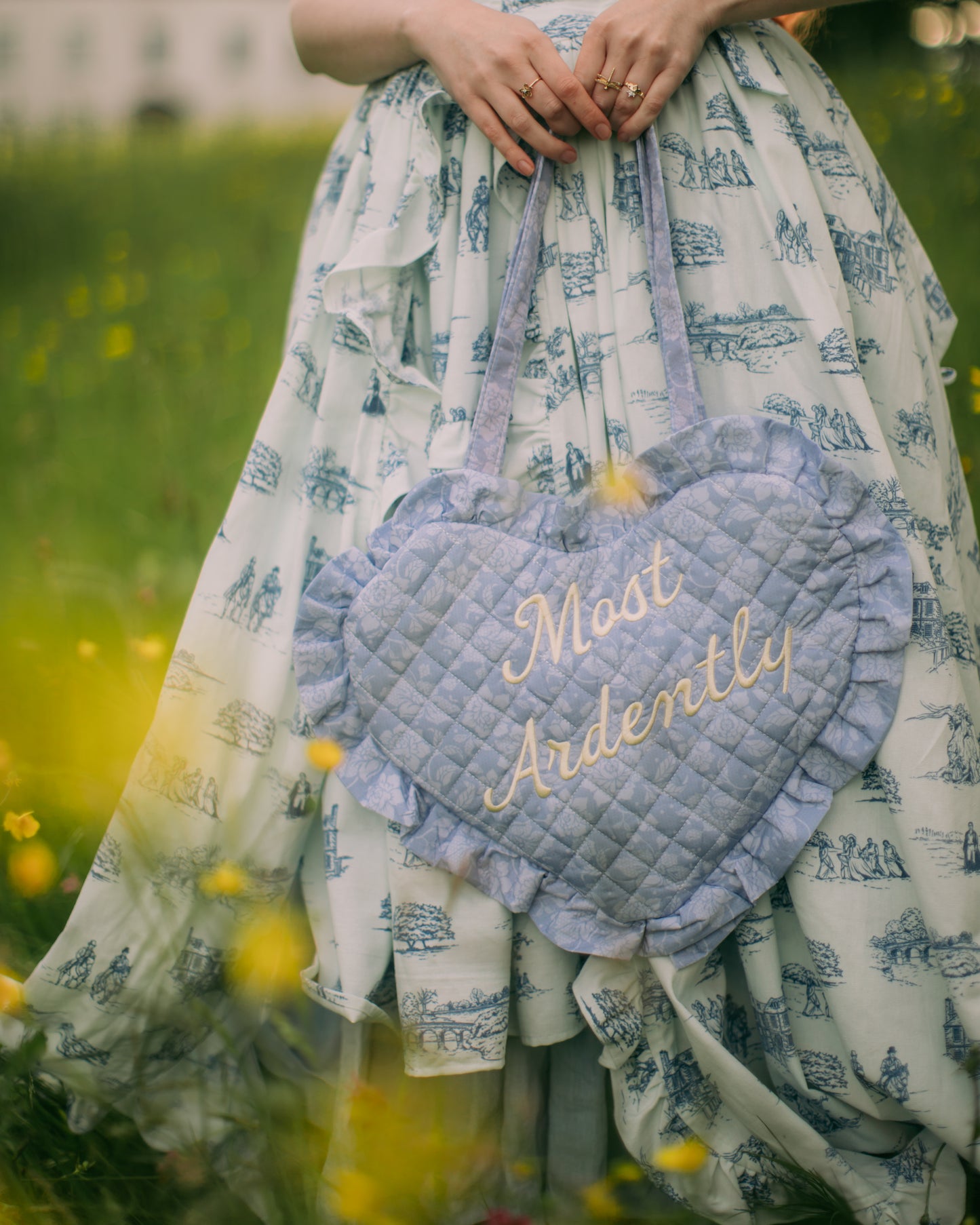 Most Ardently Quilted Heart Bag in  Blue Lace Toile