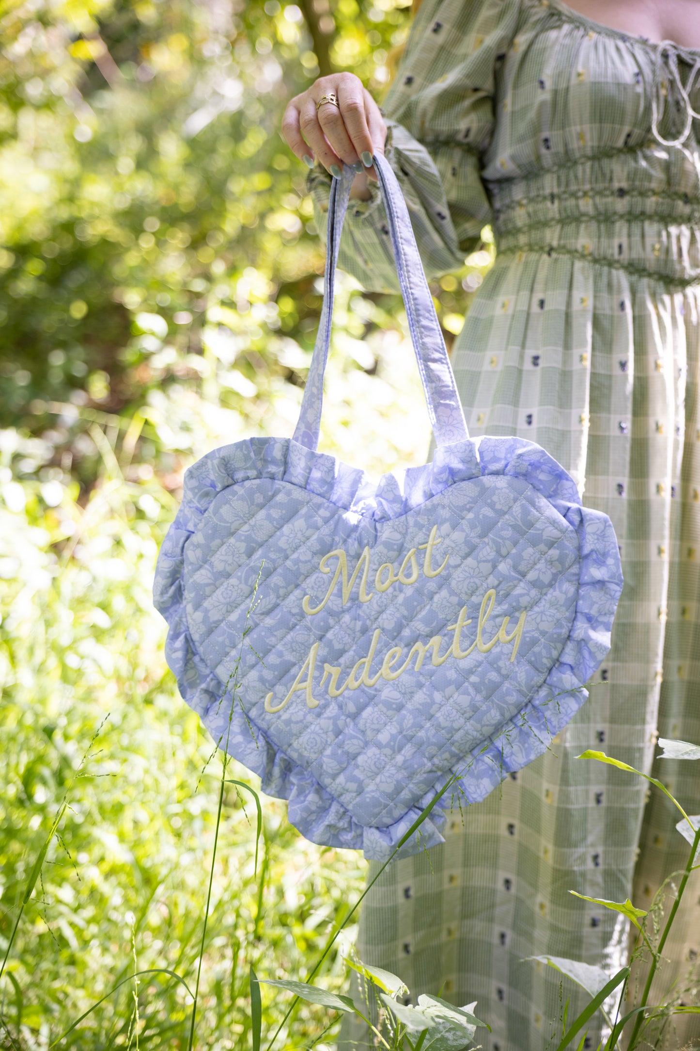 Most Ardently Quilted Heart Bag in  Blue Lace Toile