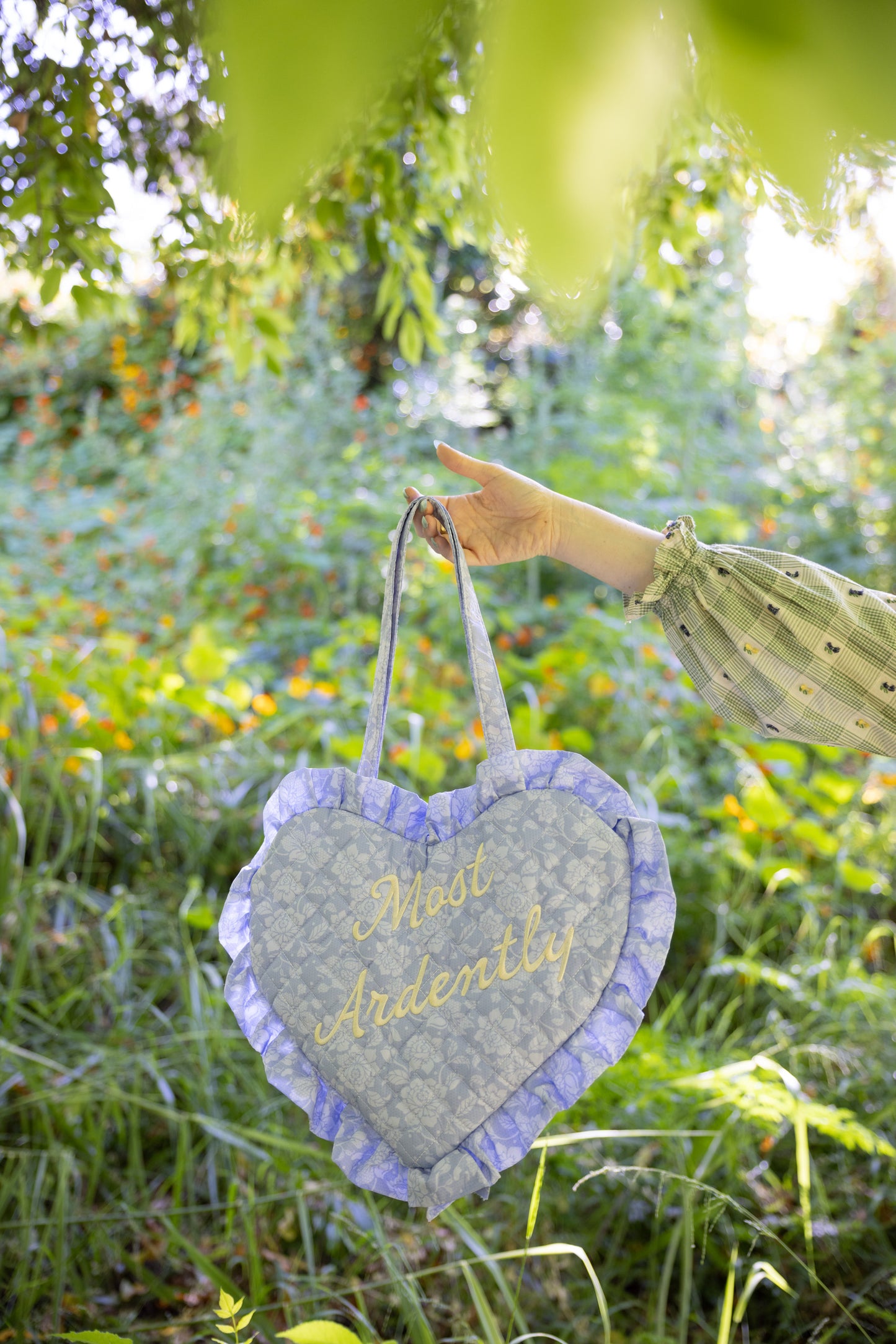 Most Ardently Quilted Heart Bag in  Blue Lace Toile