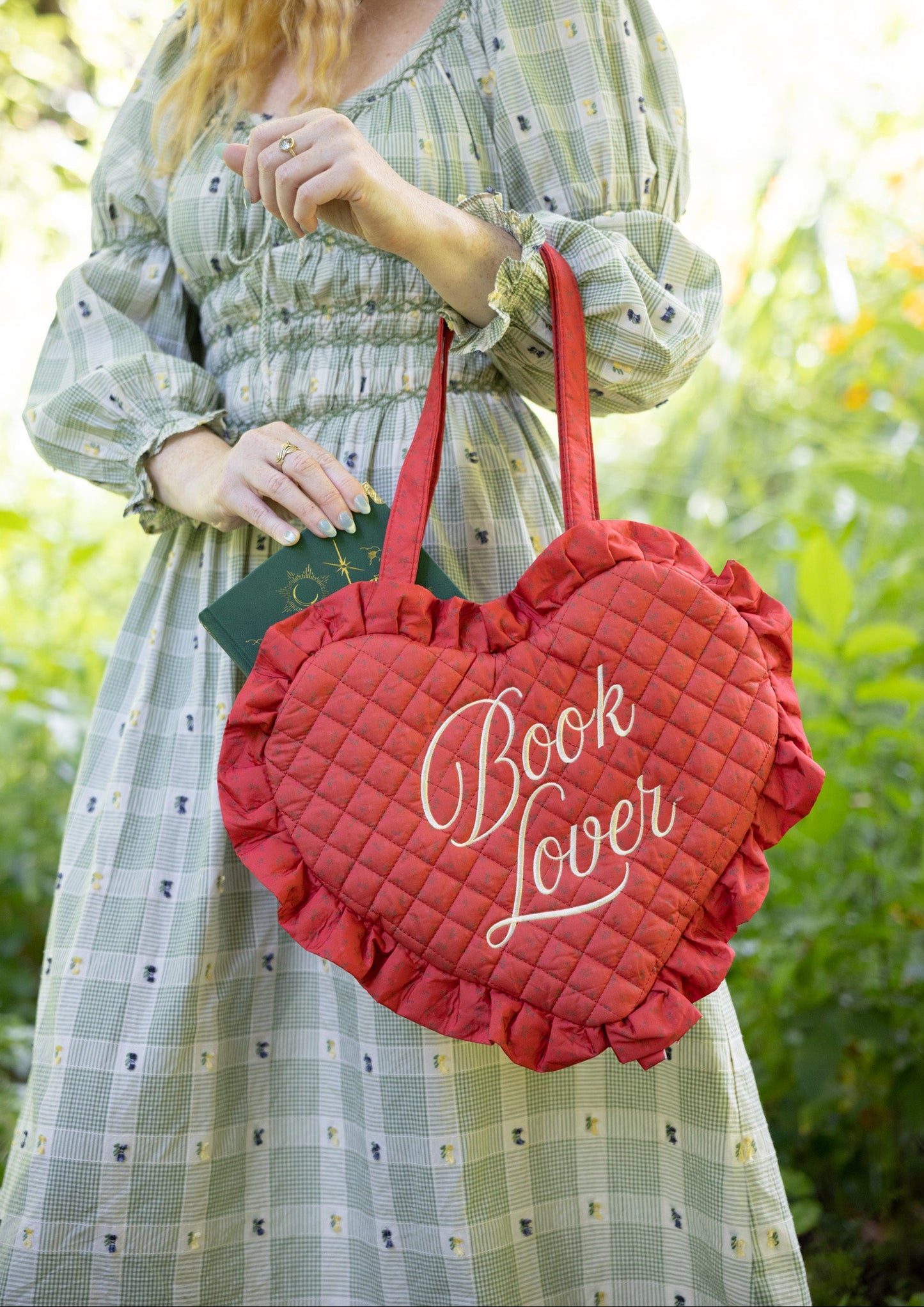 Book Lover Quilted Heart Bag in Red Ditsy Florals