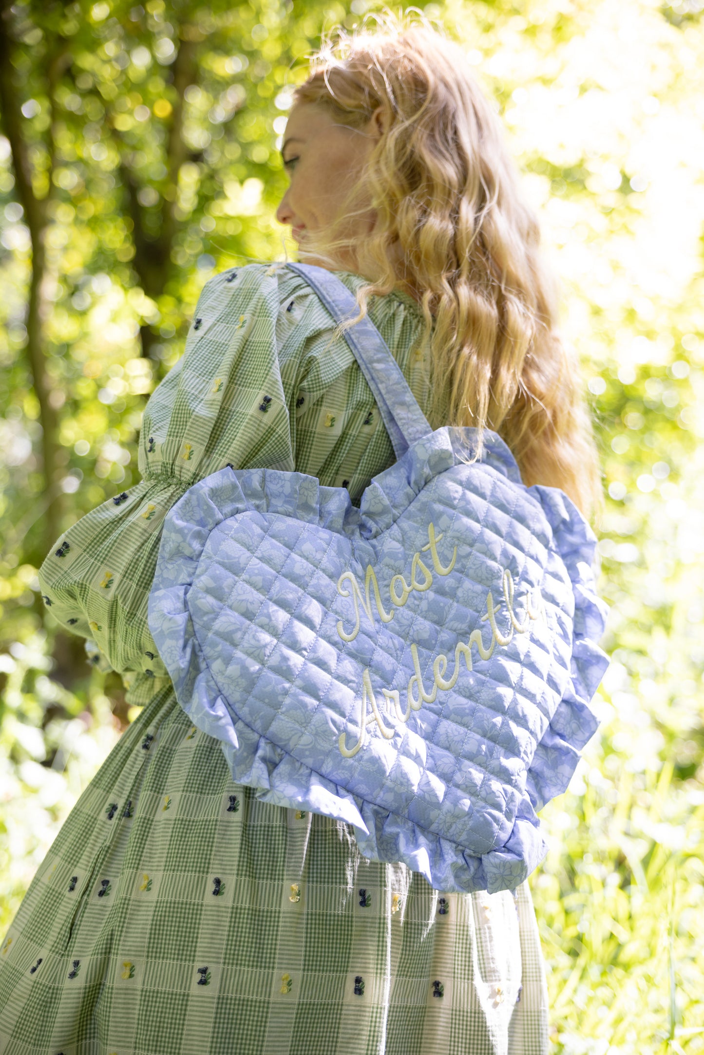 Most Ardently Quilted Heart Bag in  Blue Lace Toile
