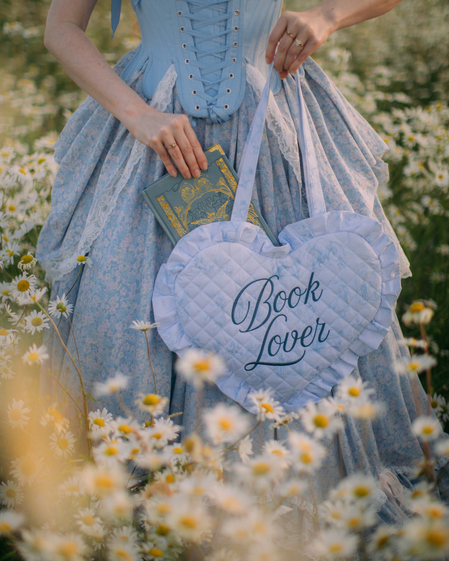 Book Lover Quilted Heart Bag in Fantasy Toile Blues