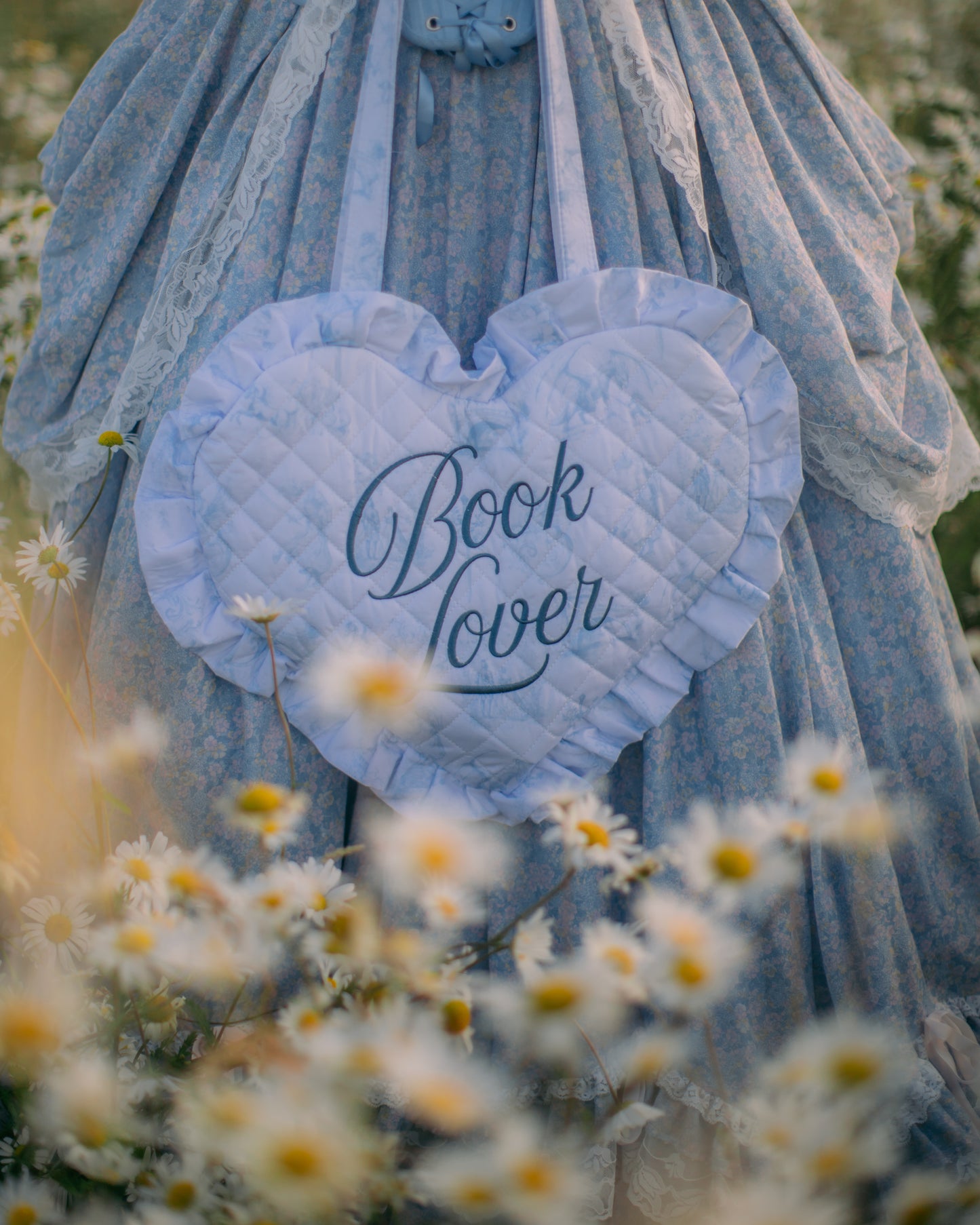 Book Lover Quilted Heart Bag in Fantasy Toile Blues
